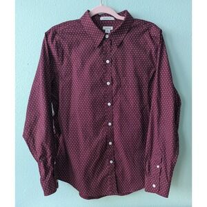 LL Bean Wrinkle Free Burgundy polka dot Button Down Shirt Maroon Womens Medium